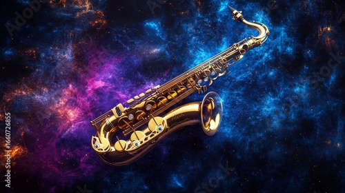 Wallpaper Mural Striking gold saxophone featuring colorful blue and purple splashes on a dramatic black background Torontodigital.ca
