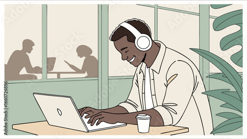 Smiling Black Man Working on Laptop with Headphones in Coworking Space.