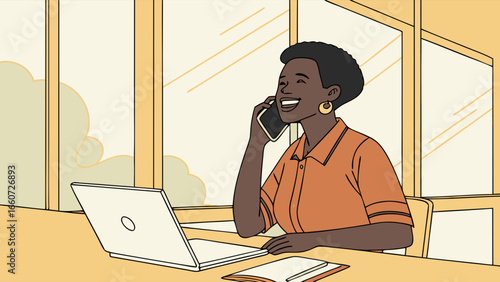 Smiling Black Woman Talking on Smartphone at Desk.