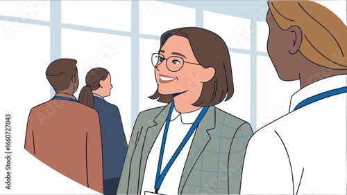 Smiling Businesswoman with Glasses at Conference.