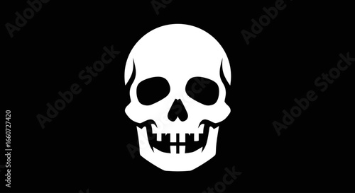 A stark white skull with menacing empty eye sockets and a gaping toothy grin is emblazoned upon a solid black background creating a bold and striking visual emblem that evokes a sense of danger and mo