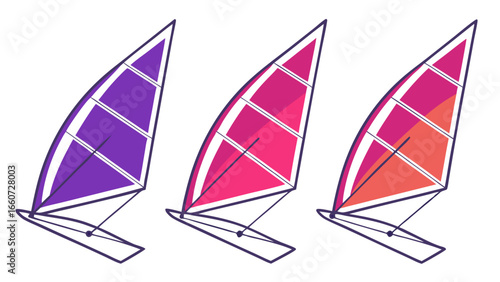 Three Colorful Windsurfing Sails with Purple Pink and Coral Hues.
