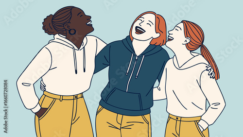 Three Diverse Young Women Laughing Together Embracing Friendship.