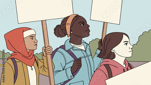 Three Diverse Young Women Holding Blank Protest Signs.