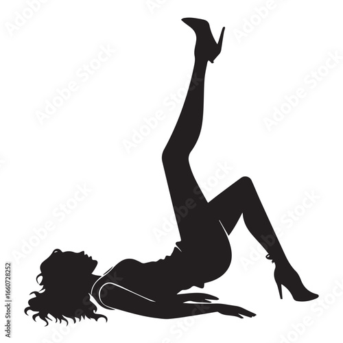 Silhouette of a woman lying down and raising her leg isolated on white background