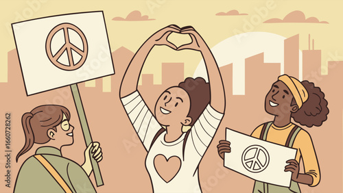 Three Young Women Peace Protestors Holding Signs and Forming Heart Shape.