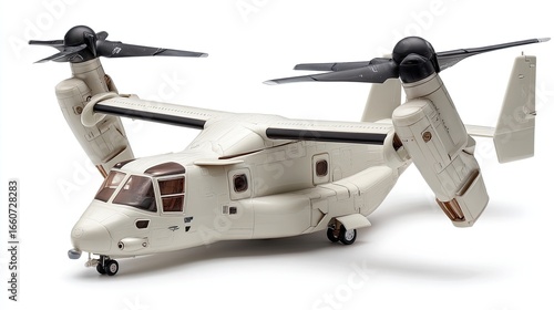 Detailed Close Up View Of A Beige Tiltrotor Aircraft Model Against A White Studio Background A Detailed Look At The Engineering Marvel Of Military