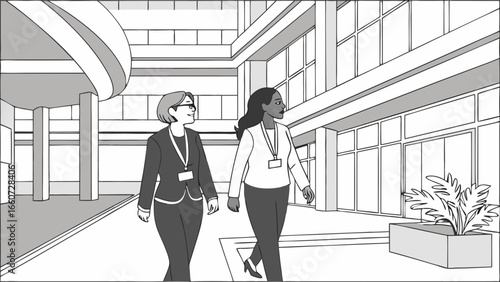 Two Businesswomen Walking and Talking in Modern Building 1.