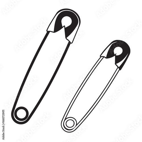 Two safety pins isolated on white background, one large and one small