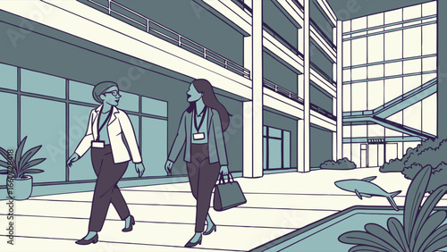 Two Businesswomen Walking in a Modern Courtyard.