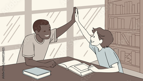 Two Diverse Children HighFive at a Study Table.