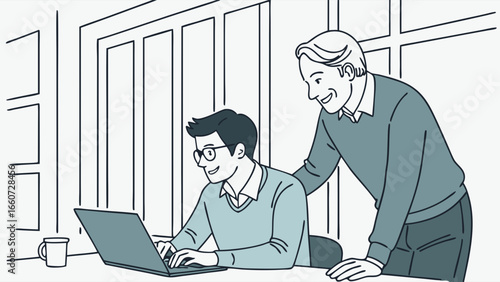 Two Men Working Together on a Laptop in an Office Setting.