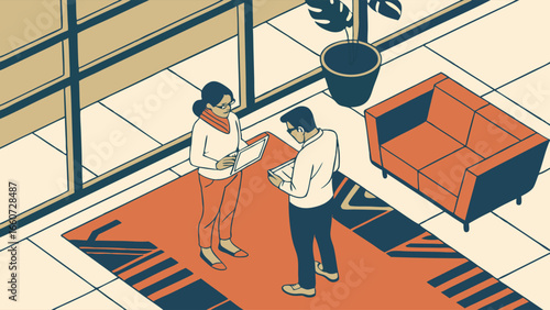 Two People Discussing Work with Laptops in Office.