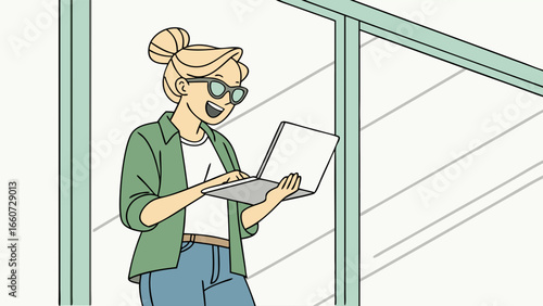 Woman Using Laptop Outdoors Happy Expression.