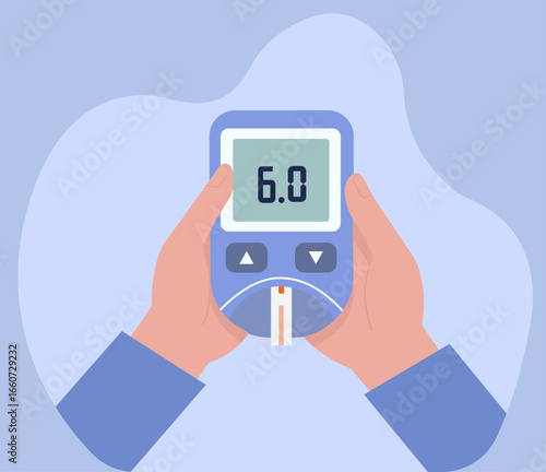 A person's hands holding a glucometer to measure blood sugar. A flat vector illustration about diabetes management and health monitoring