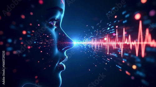 Futuristic profile of a humanoid figure with digital sound waves and vibrant data streams in a tech setting