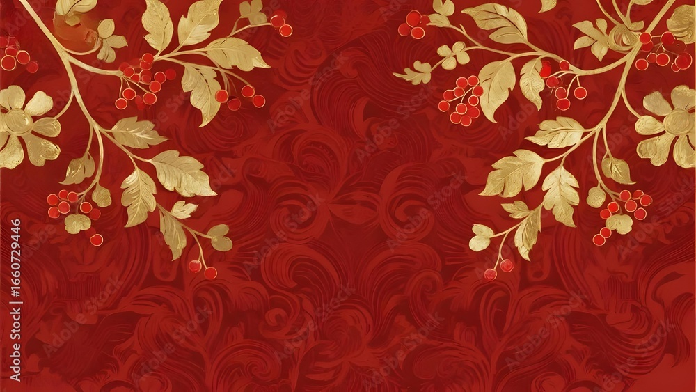 Fototapeta premium Elegant Red Background with Gold Leaves and Berries