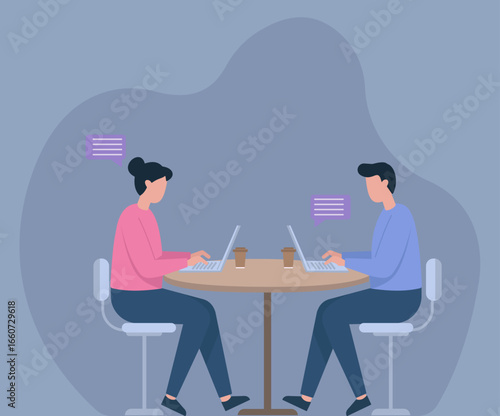 A man and woman work on laptops at a table, chatting online. This illustrates concepts of coworking, remote work, and digital communication