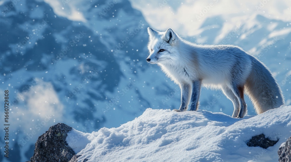 Obraz premium Arctic fox gracefully navigating through a stunning snowy mountain landscape in winter scenery