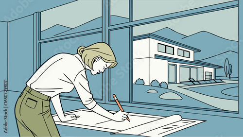 Architect Woman Drawing House Plans in Front of Large Window.