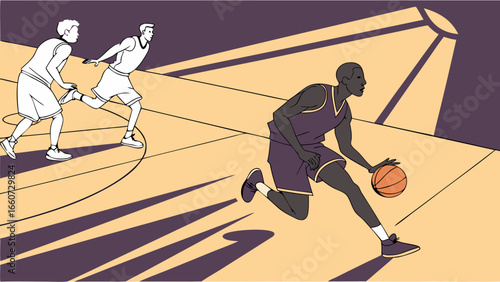 Basketball Player Dribbling on Court with Opponents in Pursuit.