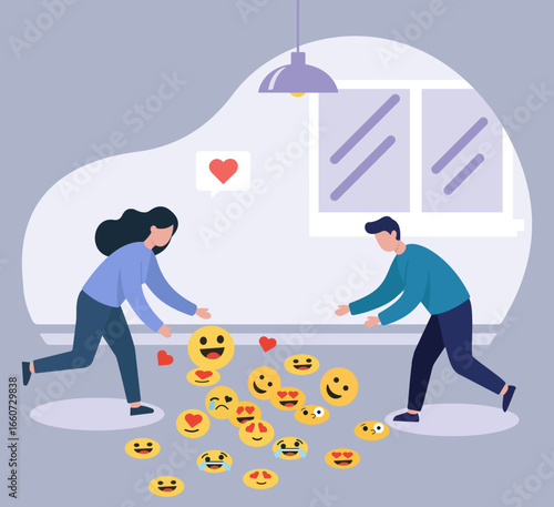 A couple shares a variety of emojis, symbolizing the expression of different feelings and emotional connection in a modern relationship