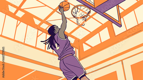 Basketball Player with Dreadlocks Executing a Powerful Dunk.