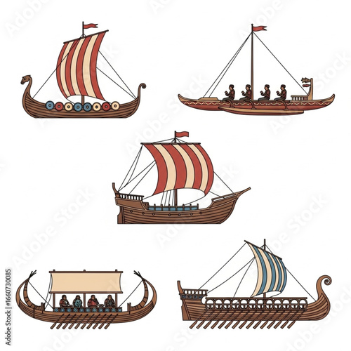Collection of Viking ships with sails and oars, historical naval vessels.