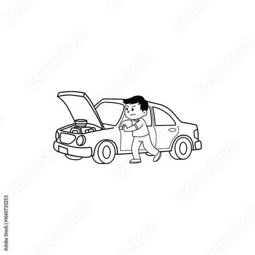Troubleshoot Car Problem: Boy Inspecting Engine