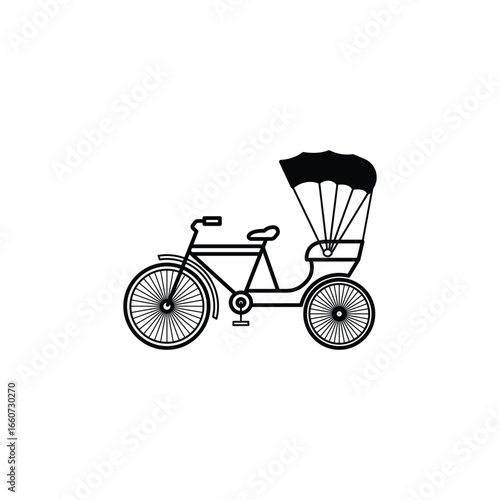 Classic Rickshaw Illustration: A Black and White Vector Graphic of a Traditional Asian Three-Wheeled Bicycle Taxi