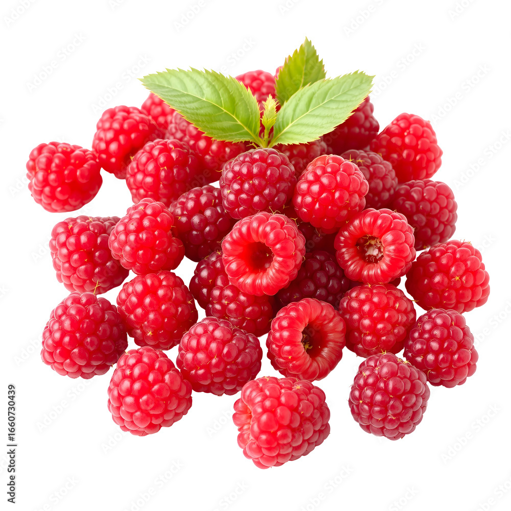 A pile of fresh, ripe raspberries with green leaves on a white background, showcasing their vibrant red color and texture. A pile of fresh, ripe raspberries with green leaves on a white background, showcasing their vibrant red color and texture.