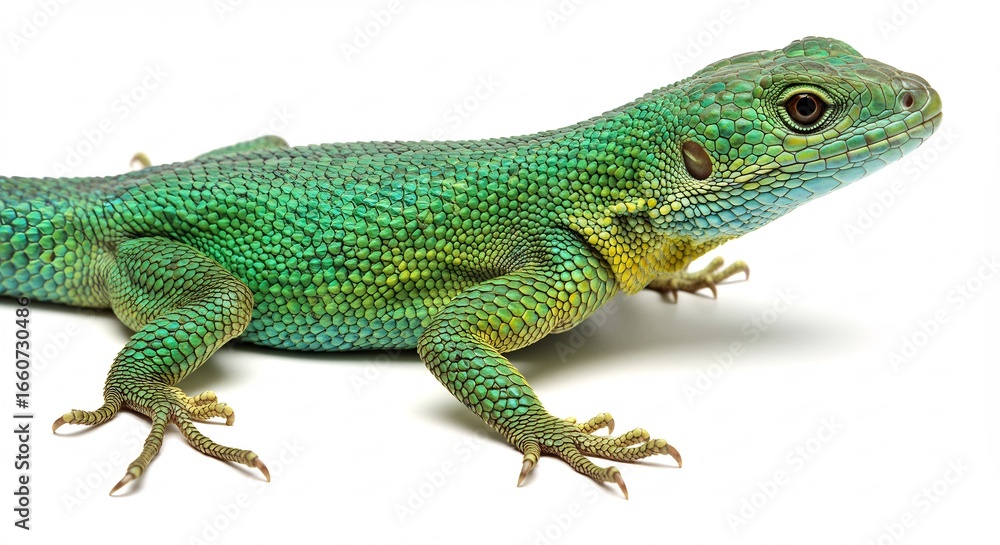 Fototapeta premium 鮮やか緑色のトカゲ 白背景 クローズアップ撮影 自然な光. AI Generated