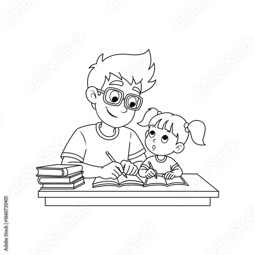 Father and Daughter Studying Together: A Black and White Illustration