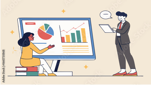Businesswoman Presenting Financial Data on Large Computer Monitor to Colleague.