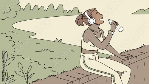 Cartoon Woman Resting After Workout with Water Bottle.