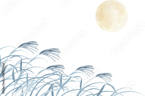 紺のススキと満月の背景イラスト