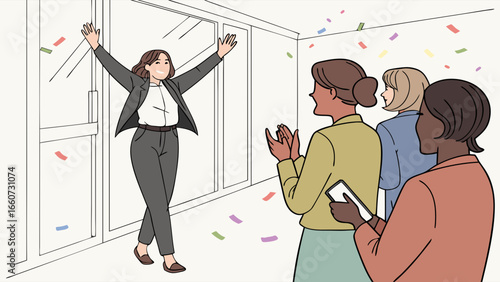 Celebratory Businesswoman Applauded by Colleagues.
