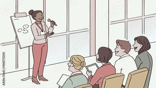 Confident Black Female Speaker Giving a Presentation.