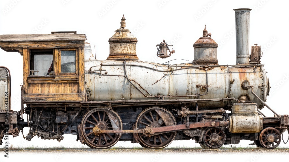 Naklejka premium Detailed Close up View Of A Rusty And Weathered Steam Engine On White Background Showing Its Aged Metal Body Wheels And Industrial Structure