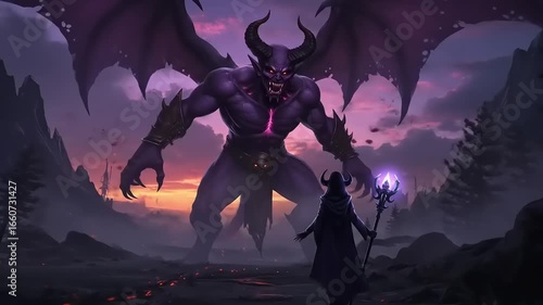 A powerful demon towering over a dark landscape at sunset, with a sorceress facing it