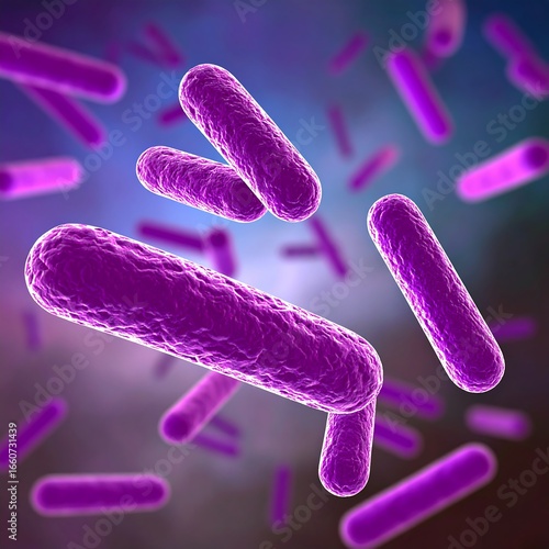 Microscopic view of rod-shaped purple bacteria floating against a blurred background