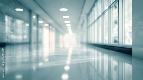 Bright Modern Office Corridor Interior Design Clean Lines  Reflective Floor  And Large Windows. A Sterile Yet Calm And Tranquil Atmosphere. Neutral