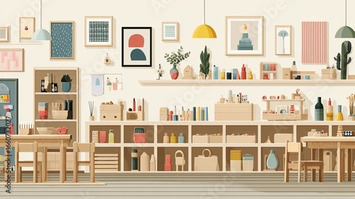 Bright Pastel Playroom Interior Design Illustration A Calm And Organized Children's Learning Space Featuring Wooden Shelves, Toys, And Minimalist