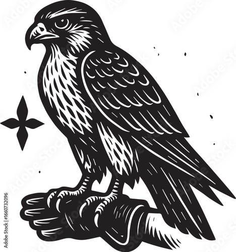 Hawk on Falconer's Glove, in Black and White Linocut Style Art
