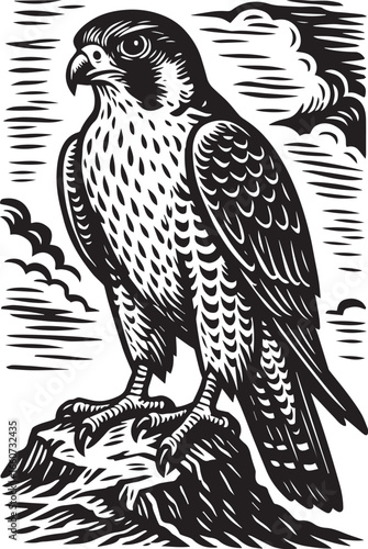 Peregrine Falcon on Rugged Rock, in Black and White Linocut Style Art