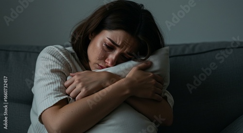 Woman crying holding pillow