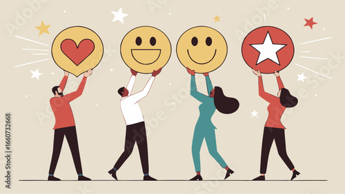 Diverse Team Celebrating Positive Feedback with Emojis.