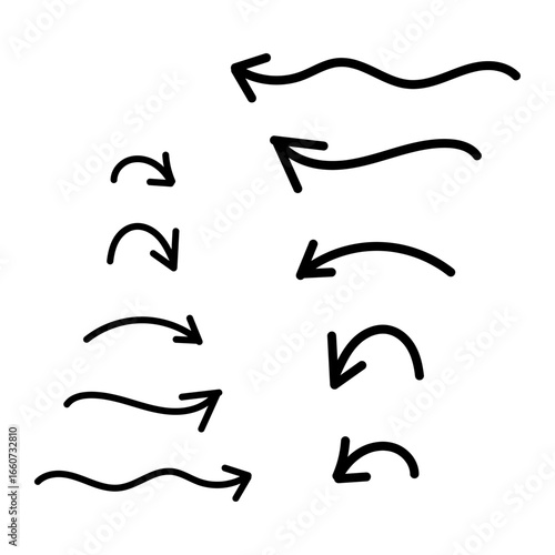 手描きのスムーズな黒いペンの矢印。シンプルで均一なシルエット。ベクター。背景透過