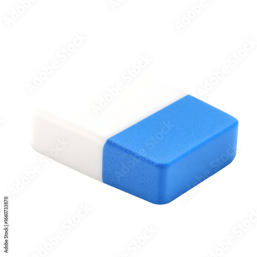 A close-up shot of a dual-colored white and blue rubber eraser on a white background, perfect for office and school supplies