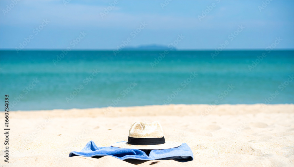 Obraz premium Striped blue towel folded near straw hat on sandy beach , holiday, color